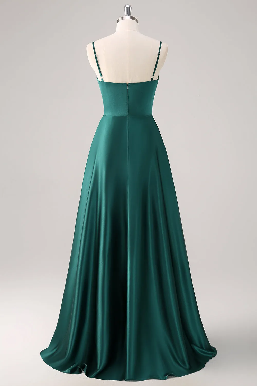 Dark Green A Line Spaghetti Straps Satin Ruched Long Bridesmaid Dress