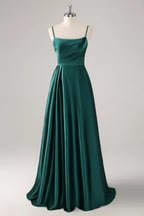 Dark Green A Line Spaghetti Straps Satin Ruched Long Bridesmaid Dress