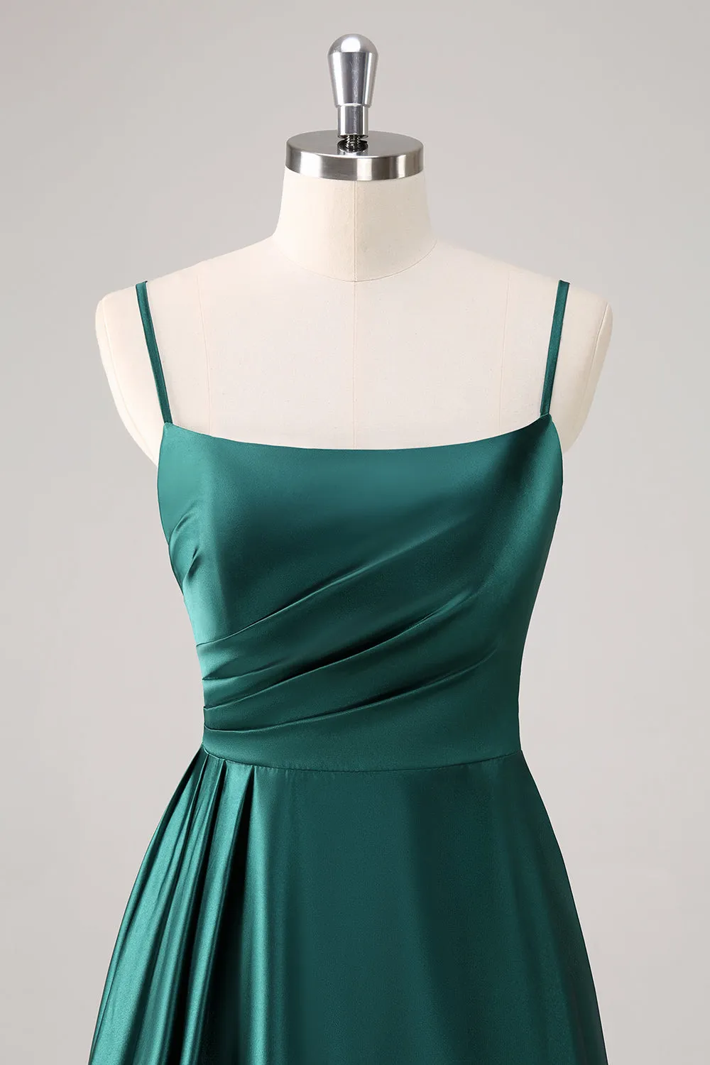 Dark Green A Line Spaghetti Straps Satin Ruched Long Bridesmaid Dress