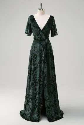 Dark Green V Neck Burnout Velvet Bridesmaid Dress with Slit