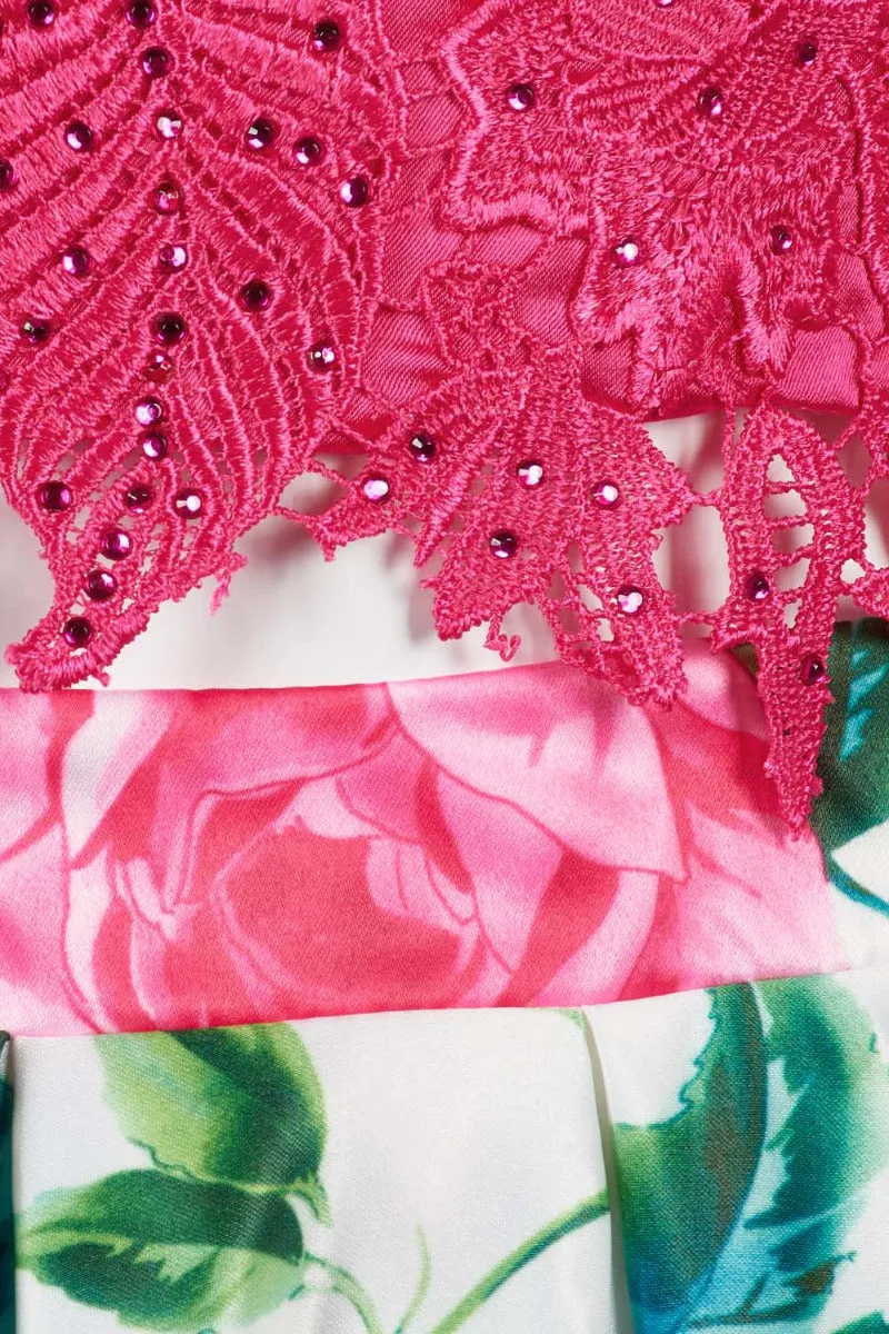 Dave & Johnny Spaghetti Strap Embellished Floral Embroidered Lace Bodice Pleated Floral Print Mikado Dress