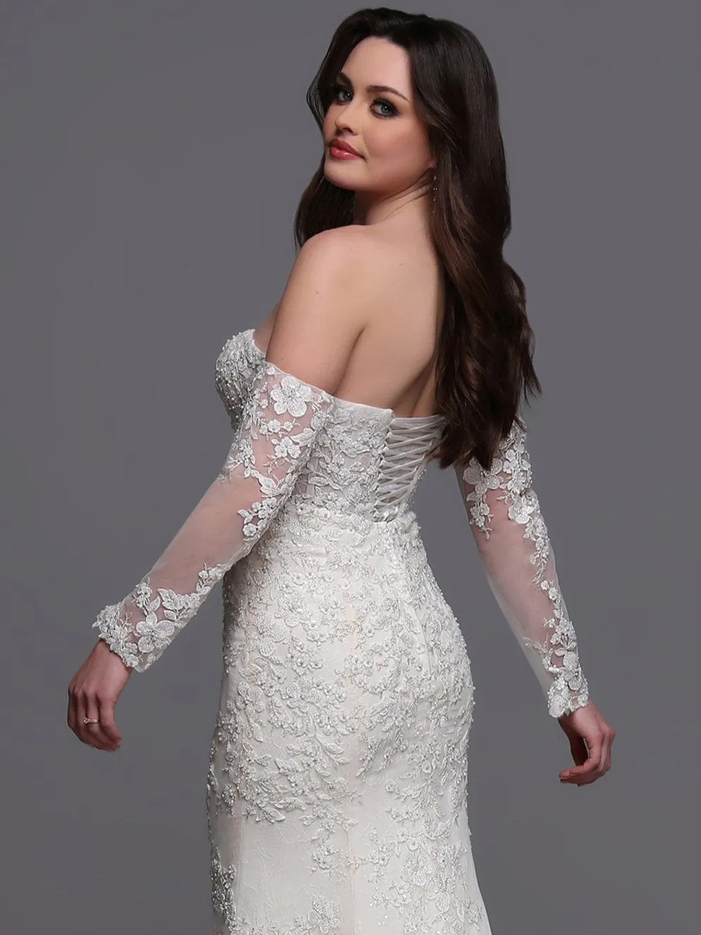 Davinci Bridal 50881 Size 6 Ivory Beaded Lace Wedding Dress long sleeve Corset Bridal Gown Train Mermaid