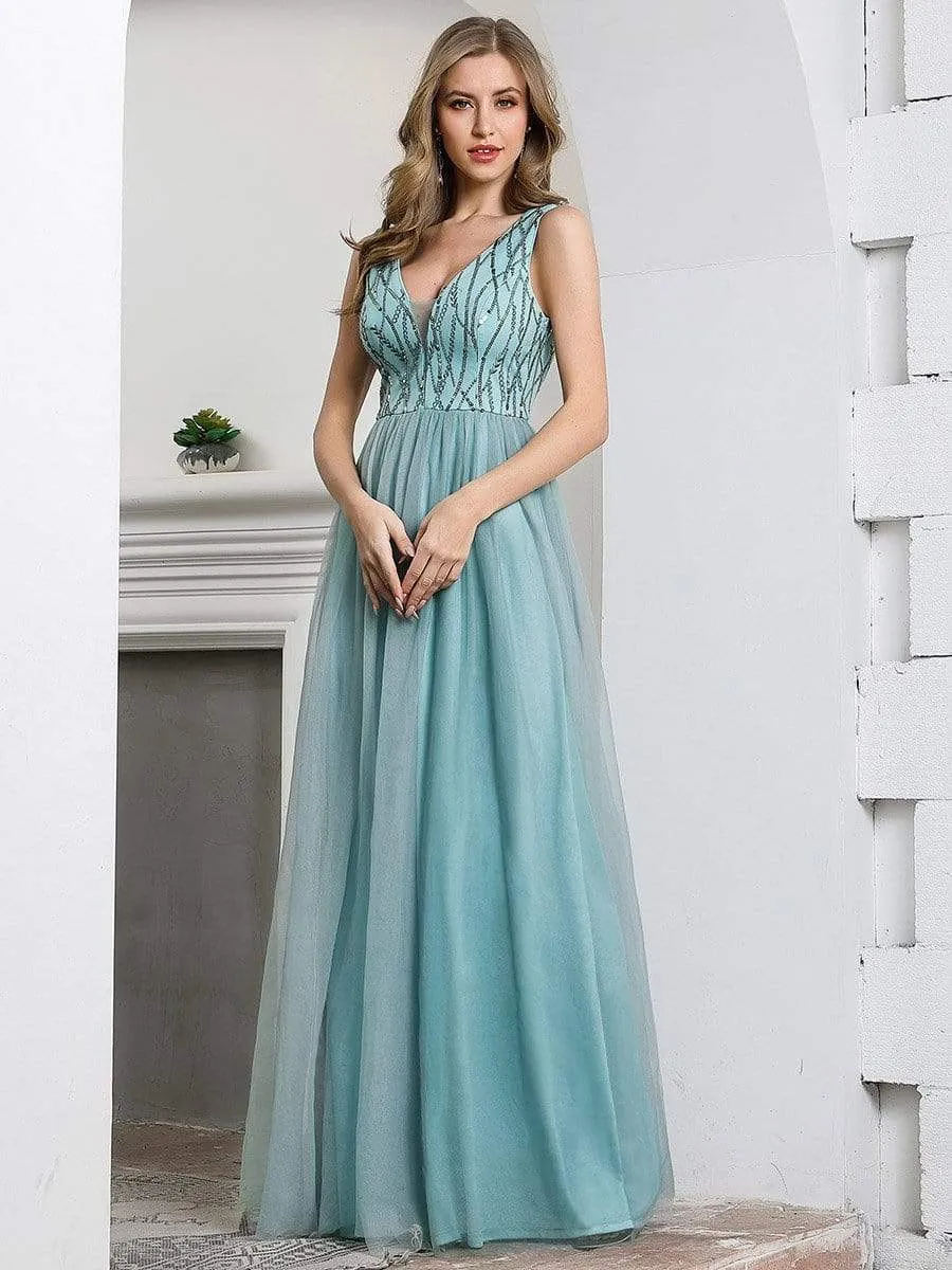 Deep V Neck A-Line Sleeveless Tulle Bridesmaid Dress with Irregular Sequin