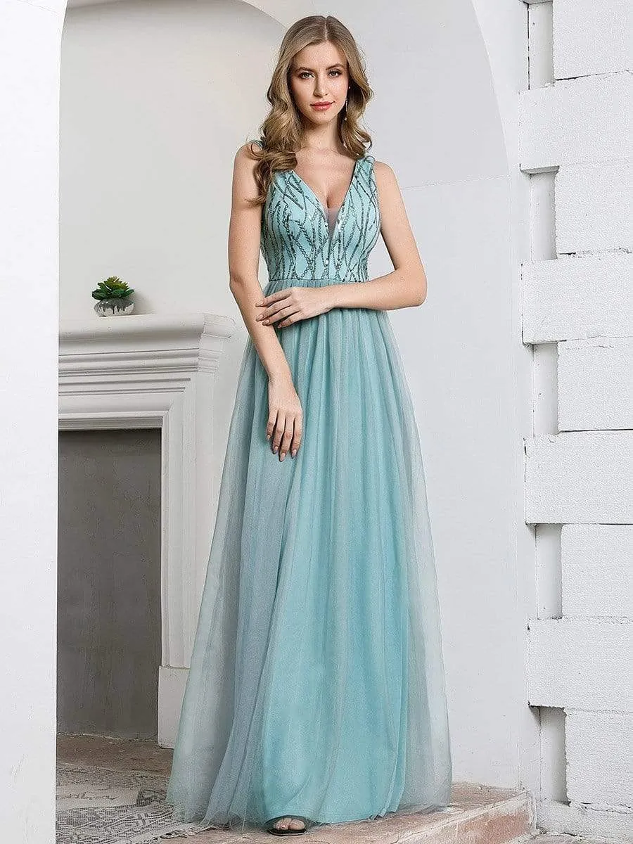 Deep V Neck A-Line Sleeveless Tulle Bridesmaid Dress with Irregular Sequin