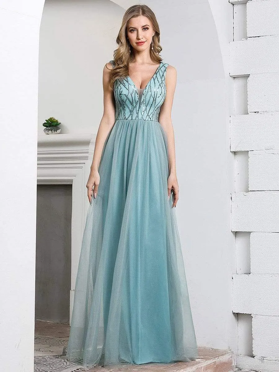 Deep V Neck A-Line Sleeveless Tulle Bridesmaid Dress with Irregular Sequin