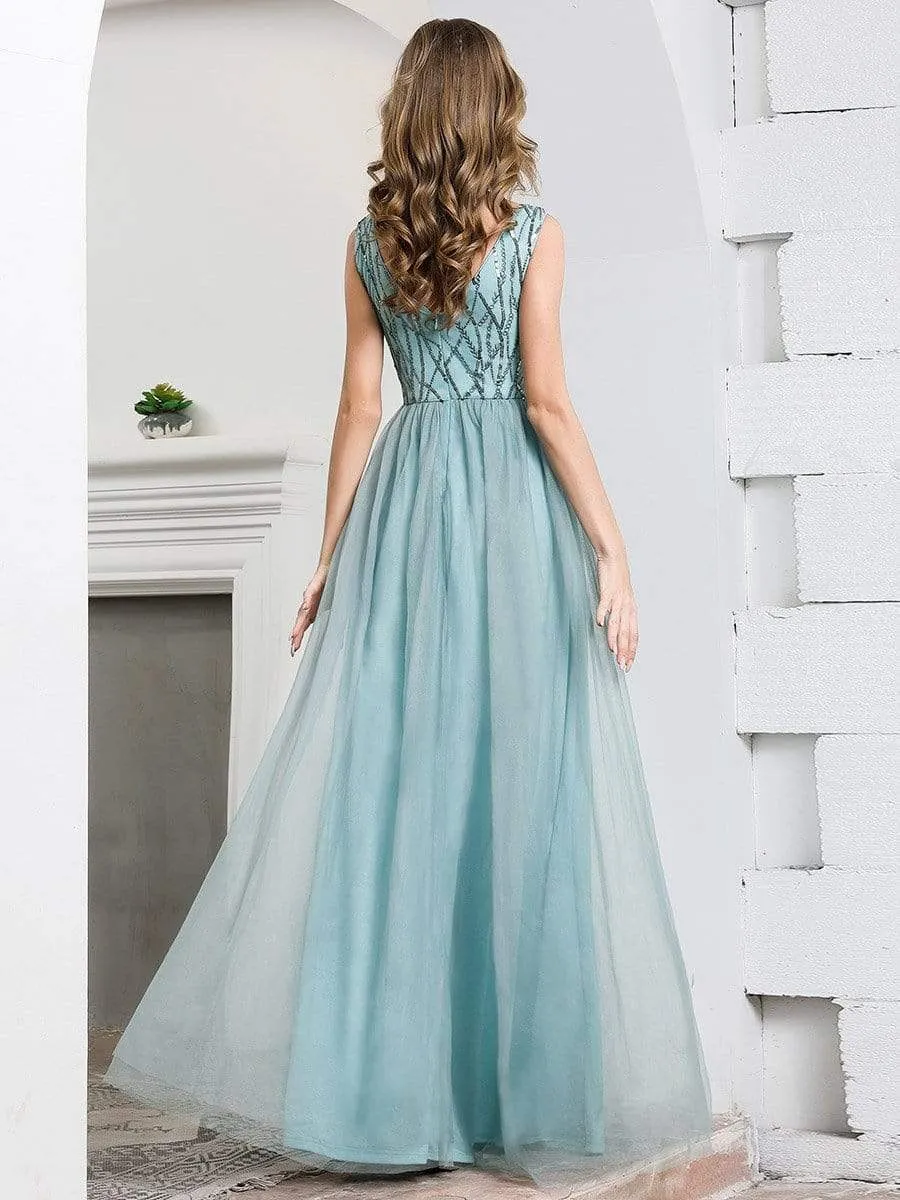 Deep V Neck A-Line Sleeveless Tulle Bridesmaid Dress with Irregular Sequin