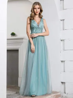 Deep V Neck A-Line Sleeveless Tulle Bridesmaid Dress with Irregular Sequin