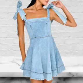 Denim Bow Shoulder Mini Dress