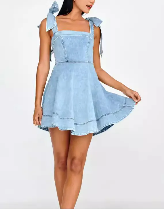 Denim Bow Shoulder Mini Dress