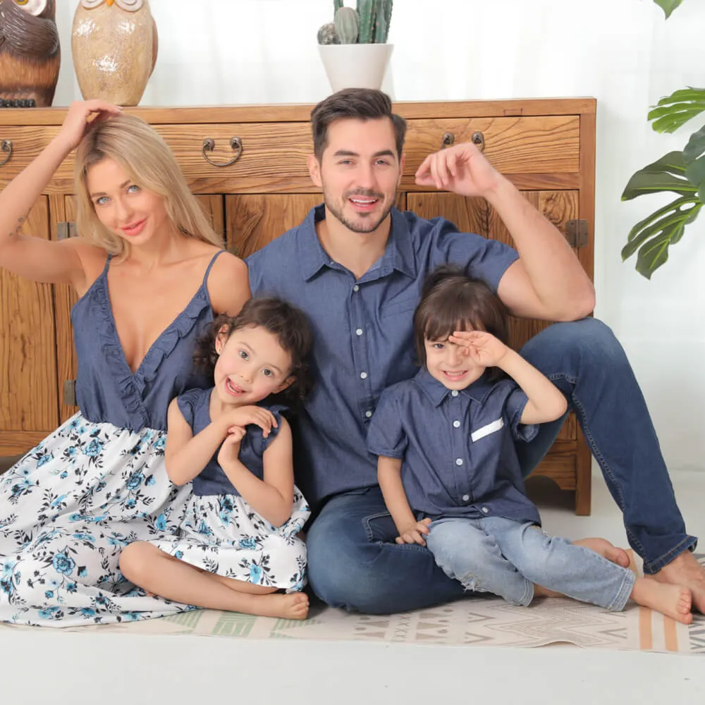 Denim Patchwork Family Flowers Pattern Matching Sets in Dark Blue