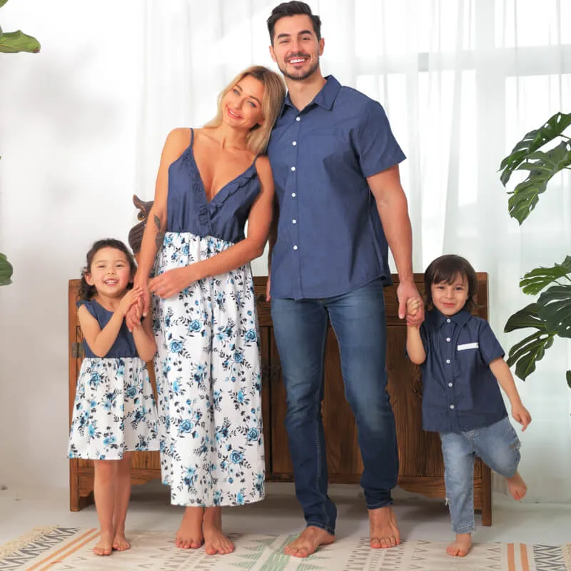 Denim Patchwork Family Flowers Pattern Matching Sets in Dark Blue