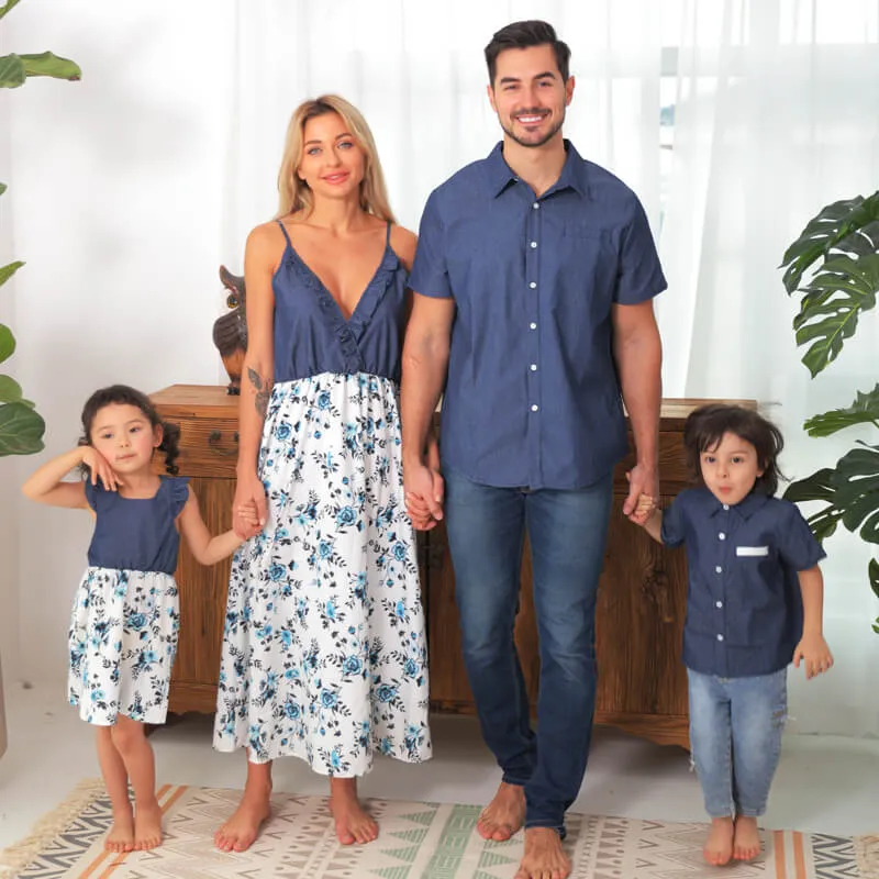 Denim Patchwork Family Flowers Pattern Matching Sets in Dark Blue