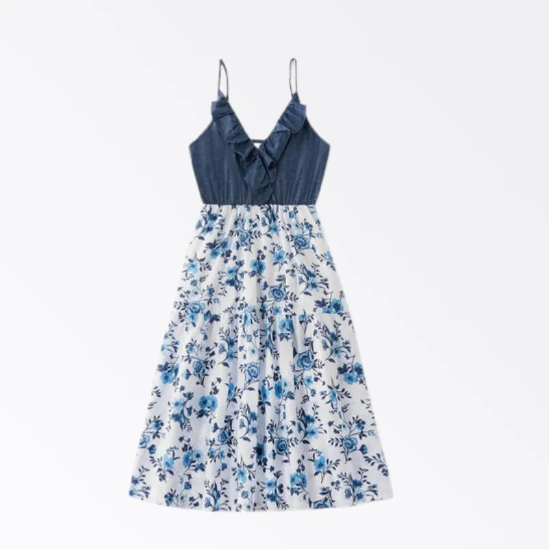 Denim Patchwork Family Flowers Pattern Matching Sets in Dark Blue