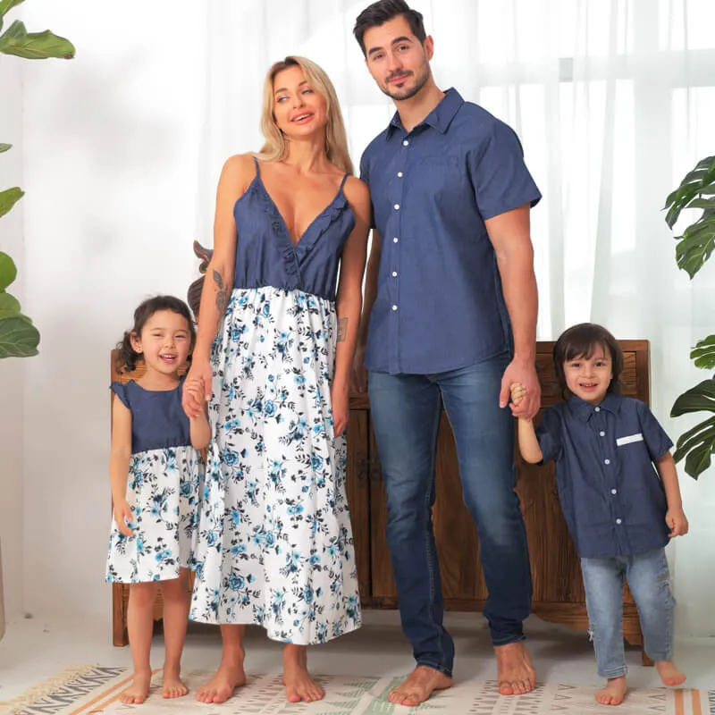 Denim Patchwork Family Flowers Pattern Matching Sets in Dark Blue