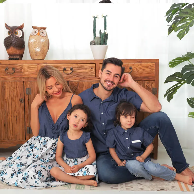 Denim Patchwork Family Flowers Pattern Matching Sets in Dark Blue