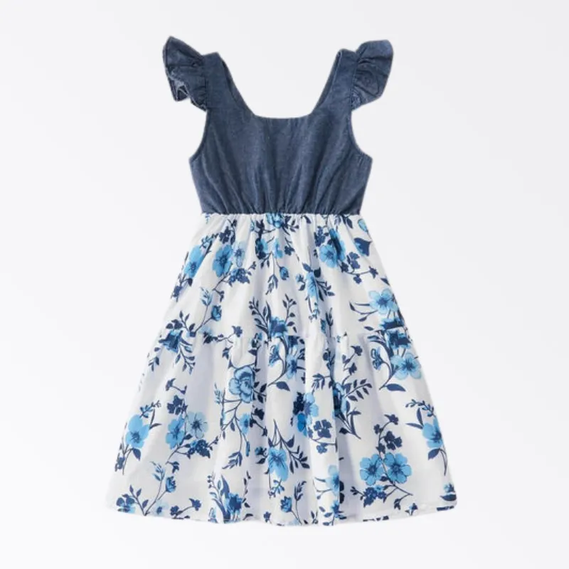 Denim Patchwork Family Flowers Pattern Matching Sets in Dark Blue