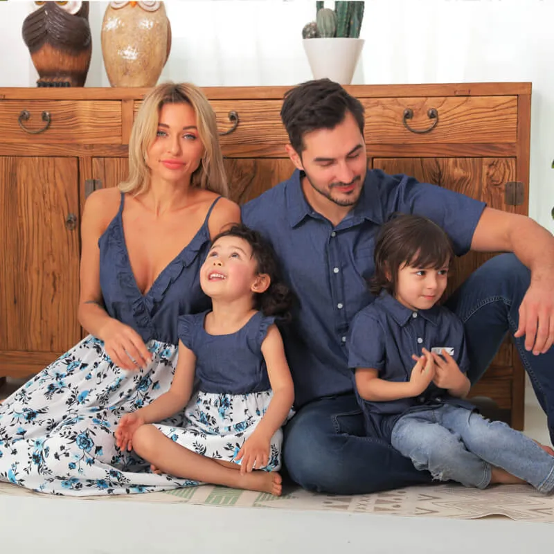 Denim Patchwork Family Flowers Pattern Matching Sets in Dark Blue