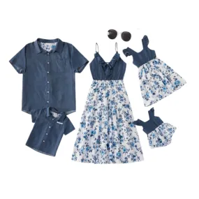 Denim Patchwork Family Flowers Pattern Matching Sets in Dark Blue