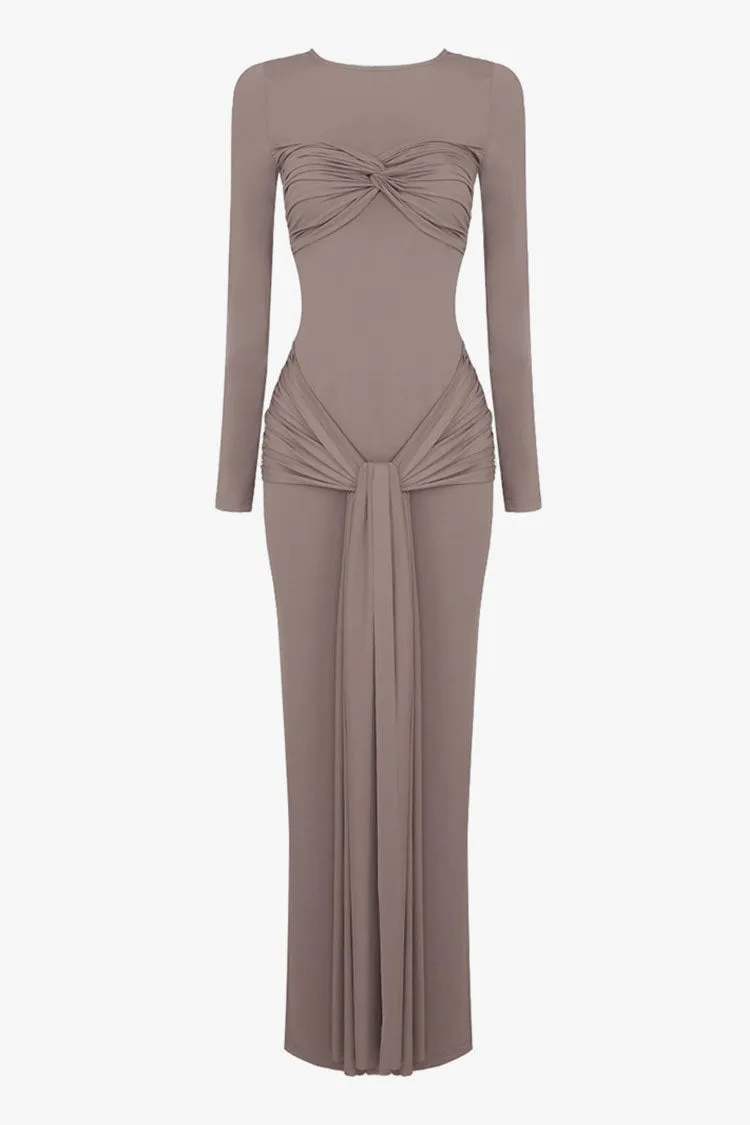 Diva Twist Knot Long Sleeve Draped Gathered Jersey Evening Maxi Dress