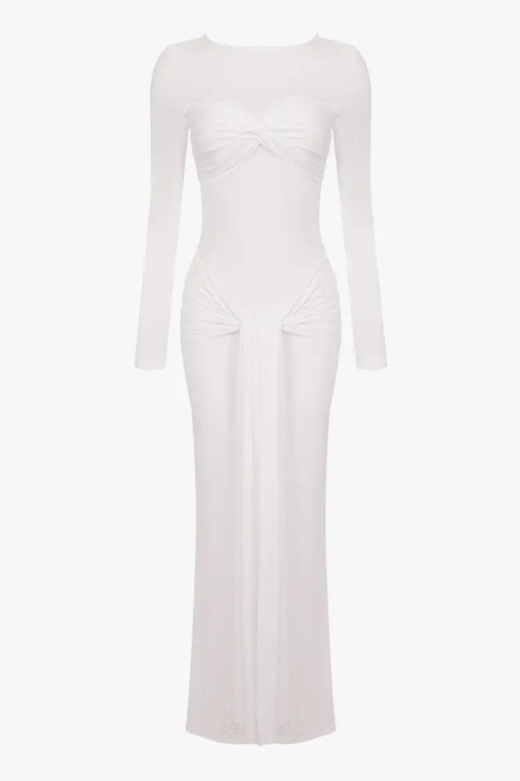 Diva Twist Knot Long Sleeve Draped Gathered Jersey Evening Maxi Dress