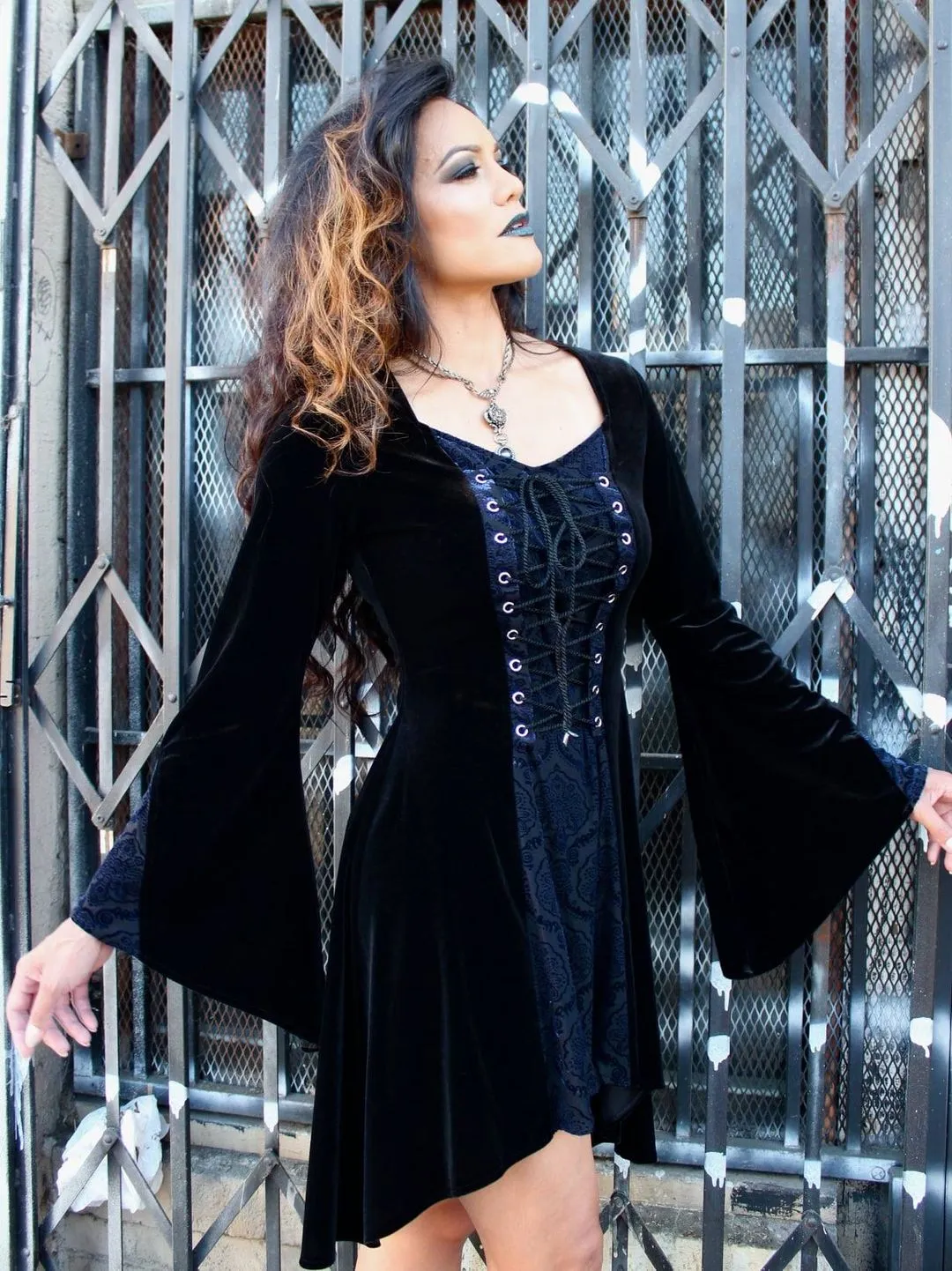 DRAGONLADY DRESS - BLACK w/ BLUE VELVET