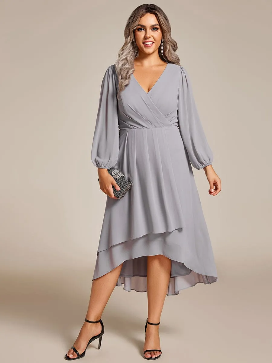 Elegant Long Sleeve V-Neck High Low Chiffon Wedding Guest Dress