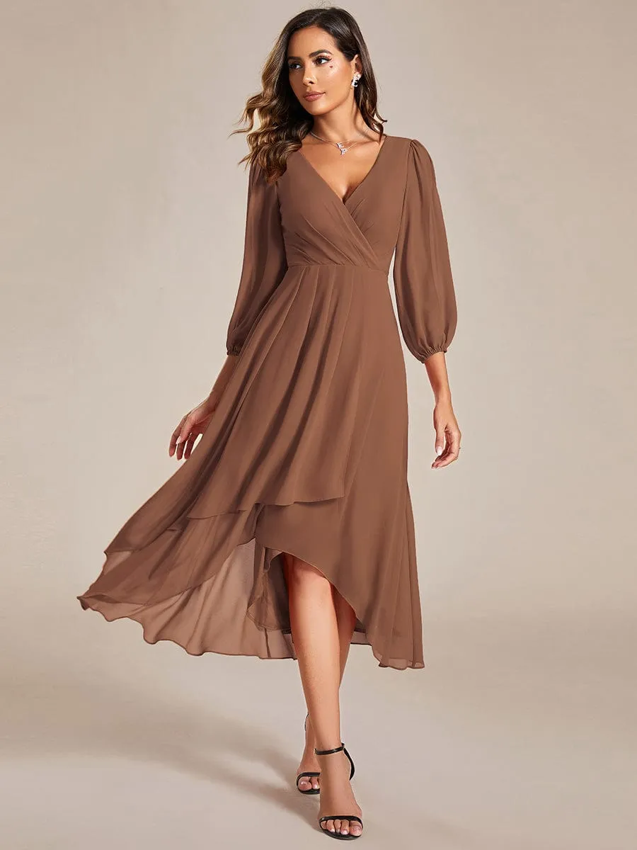 Elegant Long Sleeve V-Neck High Low Chiffon Wedding Guest Dress