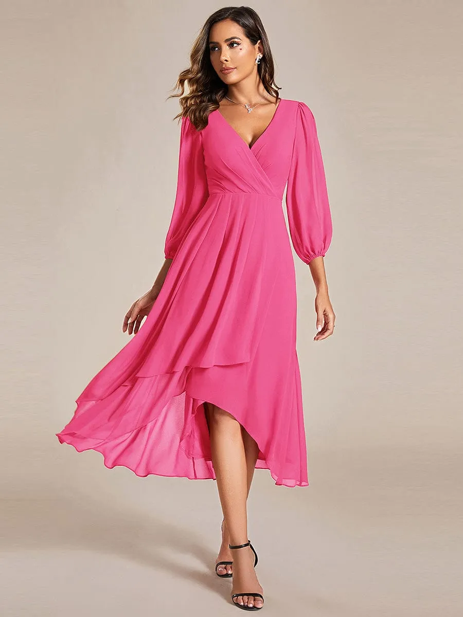 Elegant Long Sleeve V-Neck High Low Chiffon Wedding Guest Dress