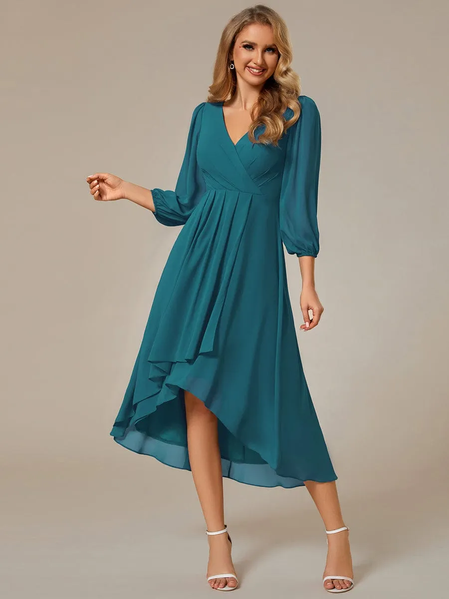 Elegant Long Sleeve V-Neck High Low Chiffon Wedding Guest Dress