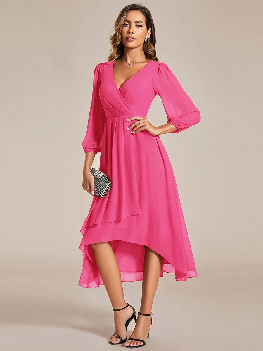Elegant Long Sleeve V-Neck High Low Chiffon Wedding Guest Dress