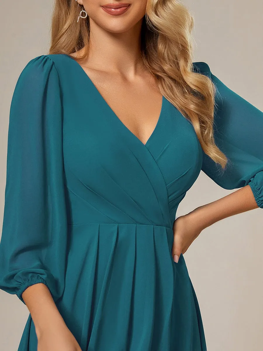 Elegant Long Sleeve V-Neck High Low Chiffon Wedding Guest Dress