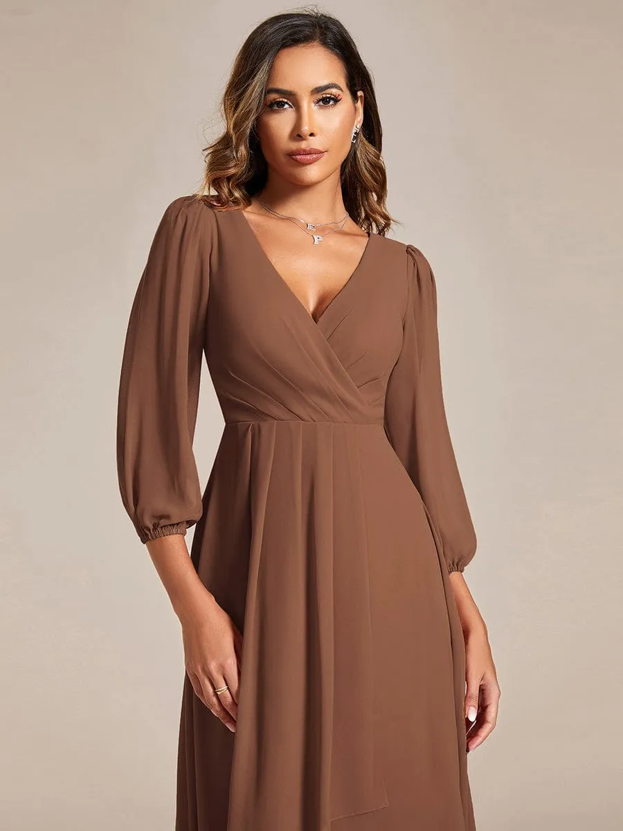 Elegant Long Sleeve V-Neck High Low Chiffon Wedding Guest Dress