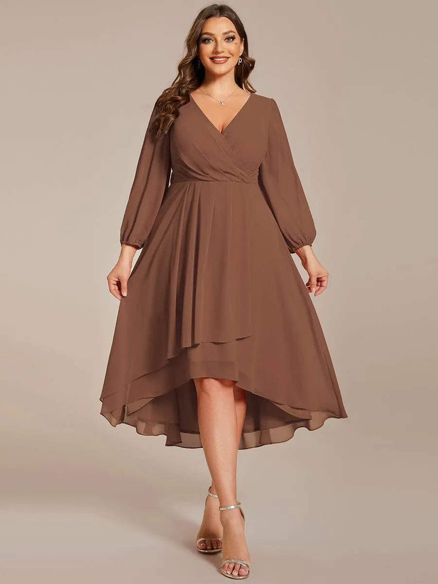 Elegant Long Sleeve V-Neck High Low Chiffon Wedding Guest Dress