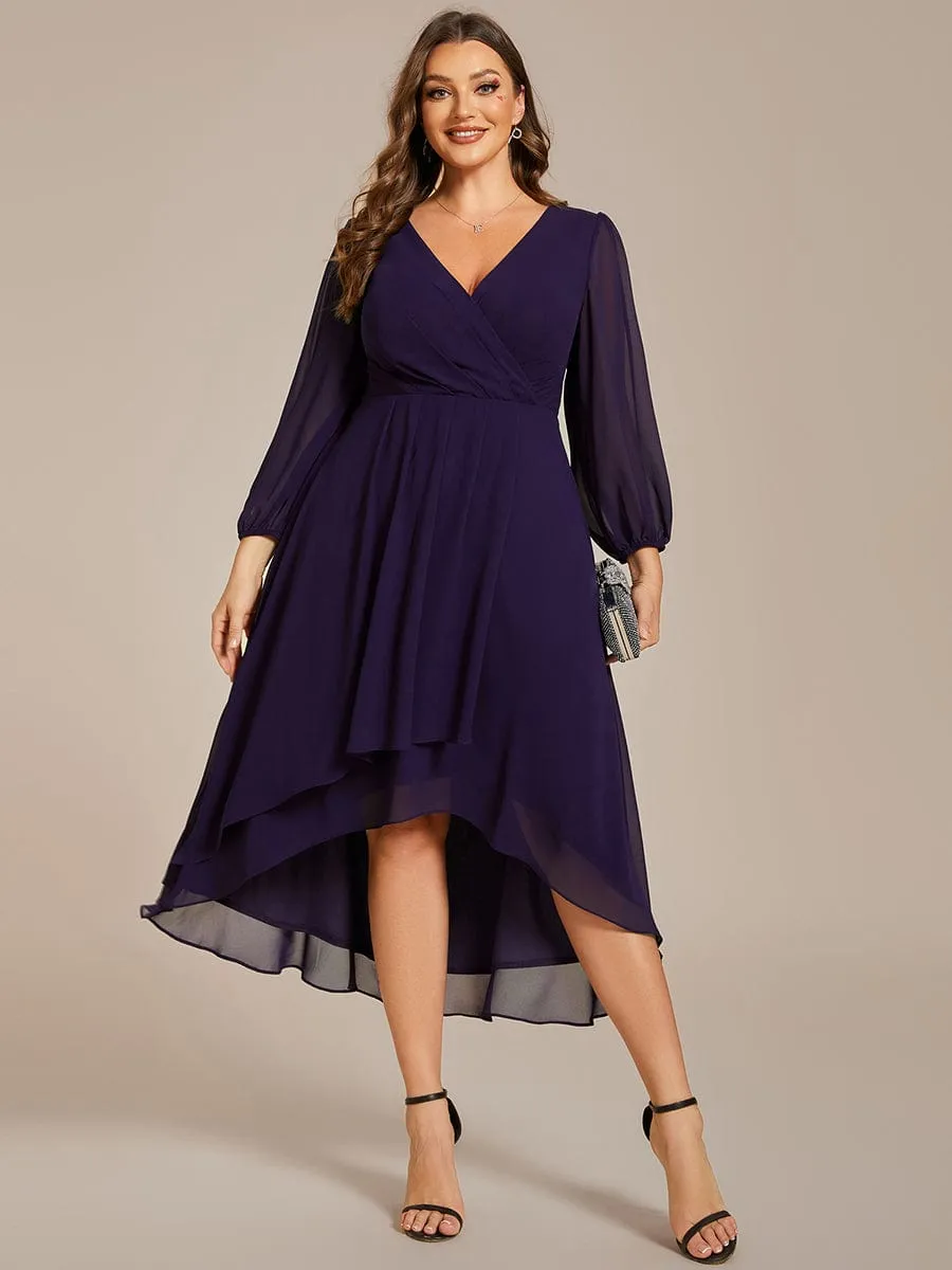 Elegant Long Sleeve V-Neck High Low Chiffon Wedding Guest Dress