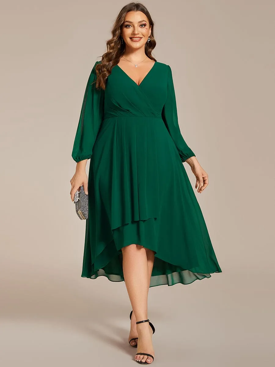 Elegant Long Sleeve V-Neck High Low Chiffon Wedding Guest Dress