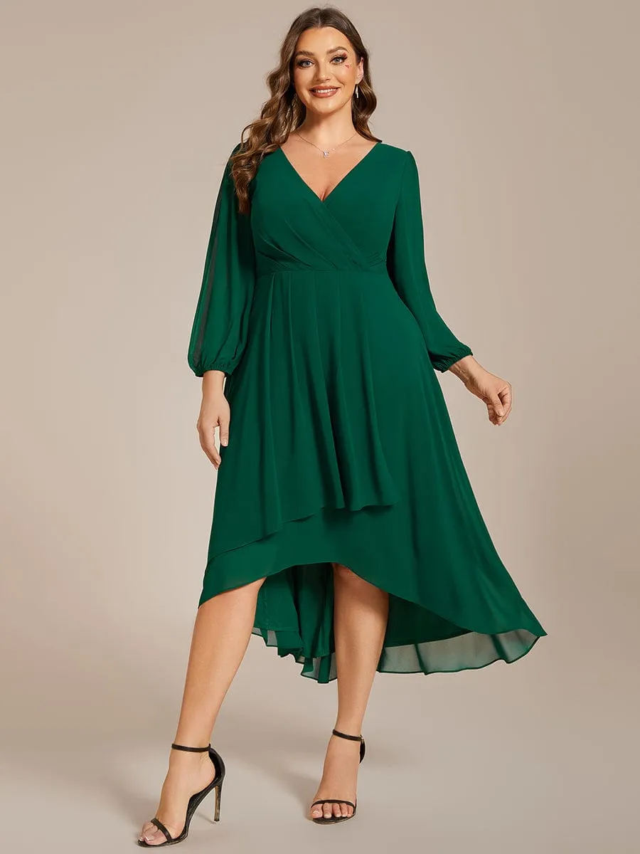 Elegant Long Sleeve V-Neck High Low Chiffon Wedding Guest Dress