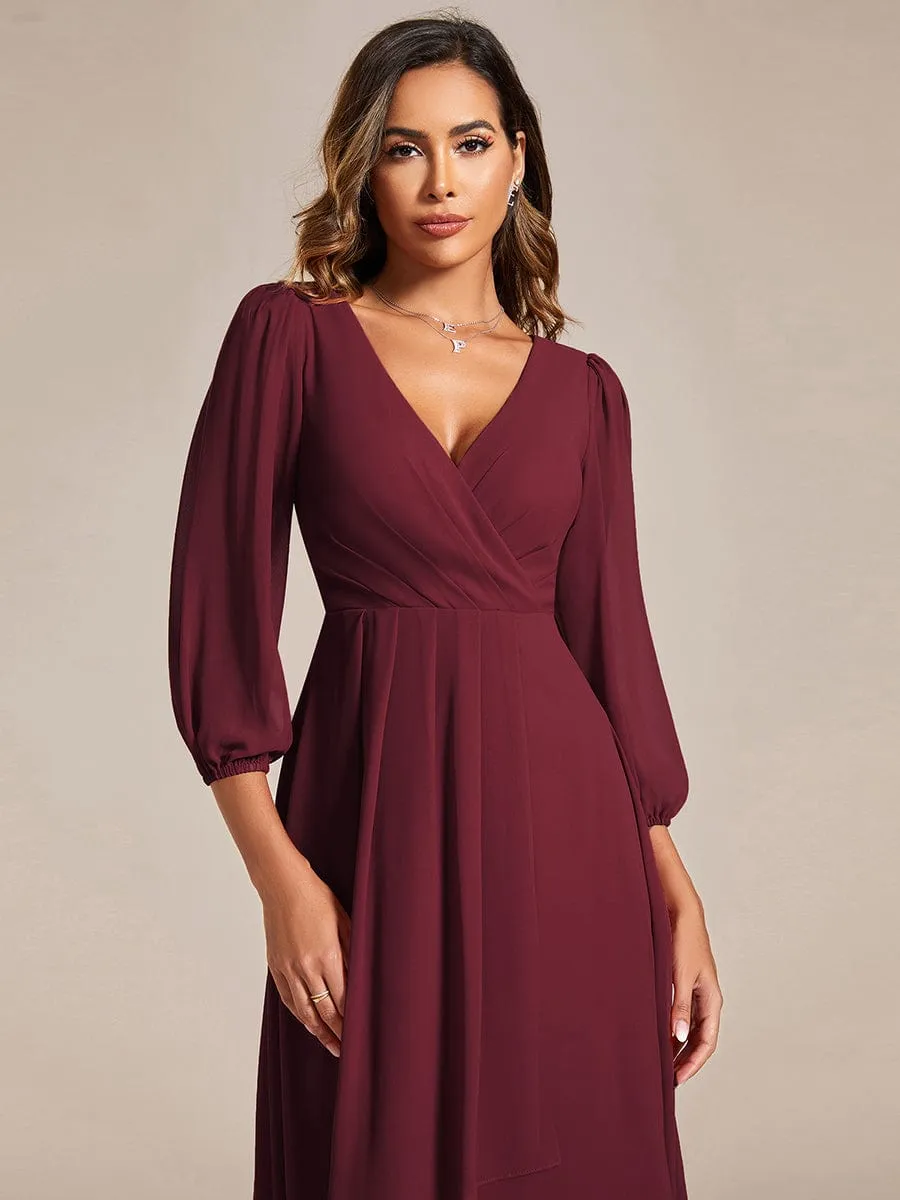 Elegant Long Sleeve V-Neck High Low Chiffon Wedding Guest Dress