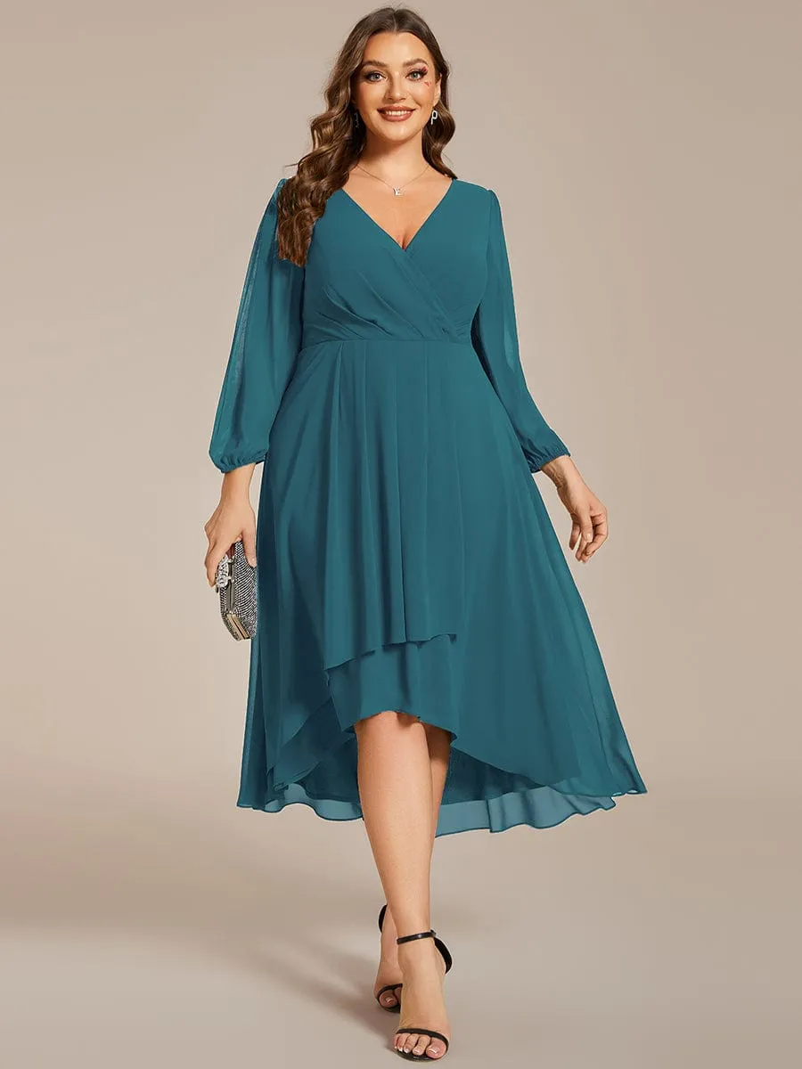 Elegant Long Sleeve V-Neck High Low Chiffon Wedding Guest Dress