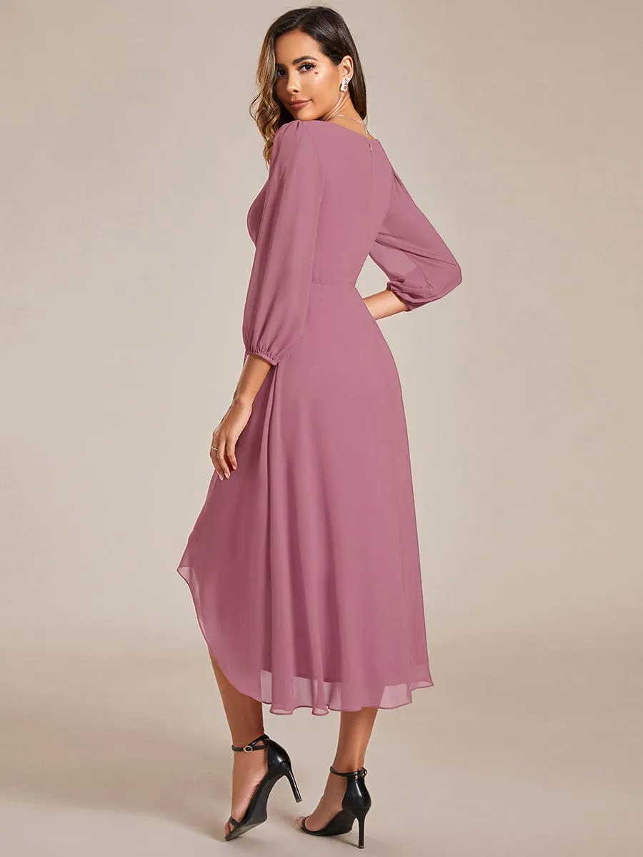 Elegant Long Sleeve V-Neck High Low Chiffon Wedding Guest Dress