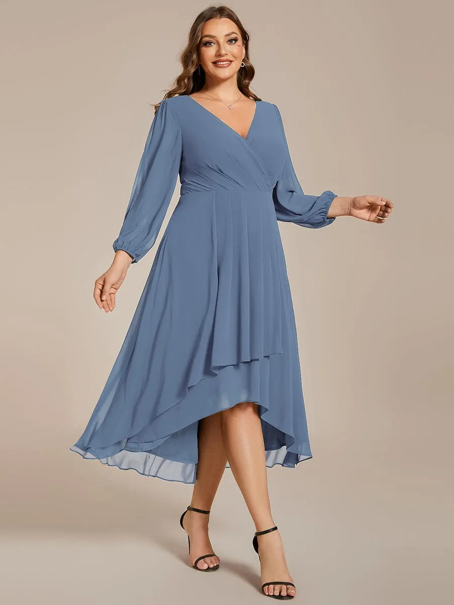Elegant Long Sleeve V-Neck High Low Chiffon Wedding Guest Dress