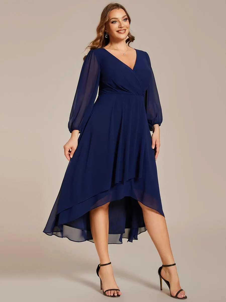 Elegant Long Sleeve V-Neck High Low Chiffon Wedding Guest Dress