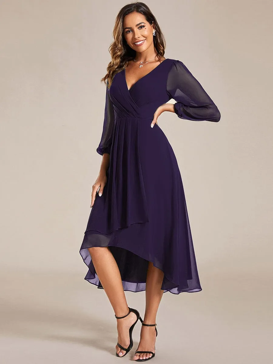Elegant Long Sleeve V-Neck High Low Chiffon Wedding Guest Dress