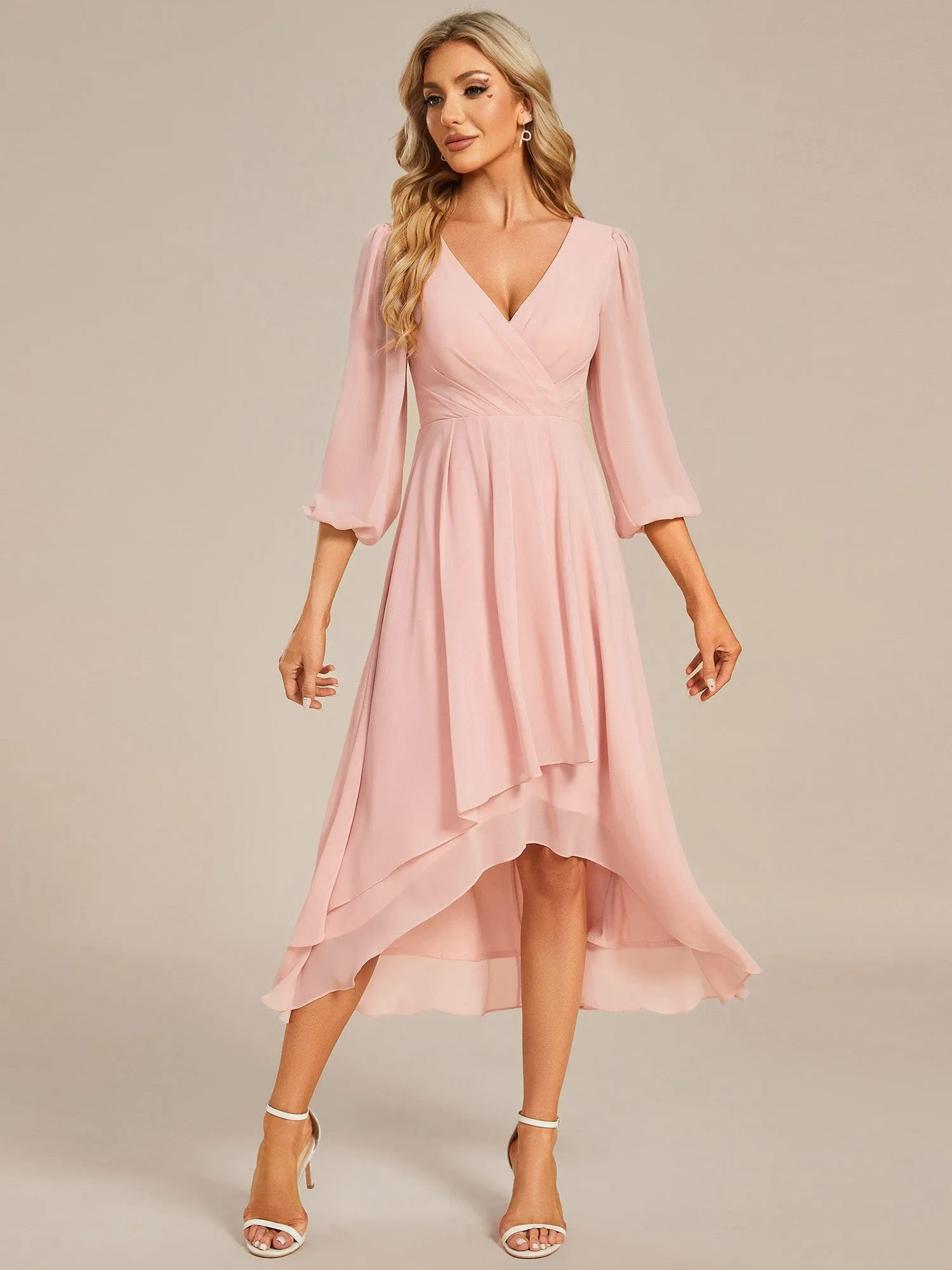 Elegant Long Sleeve V-Neck High Low Chiffon Wedding Guest Dress