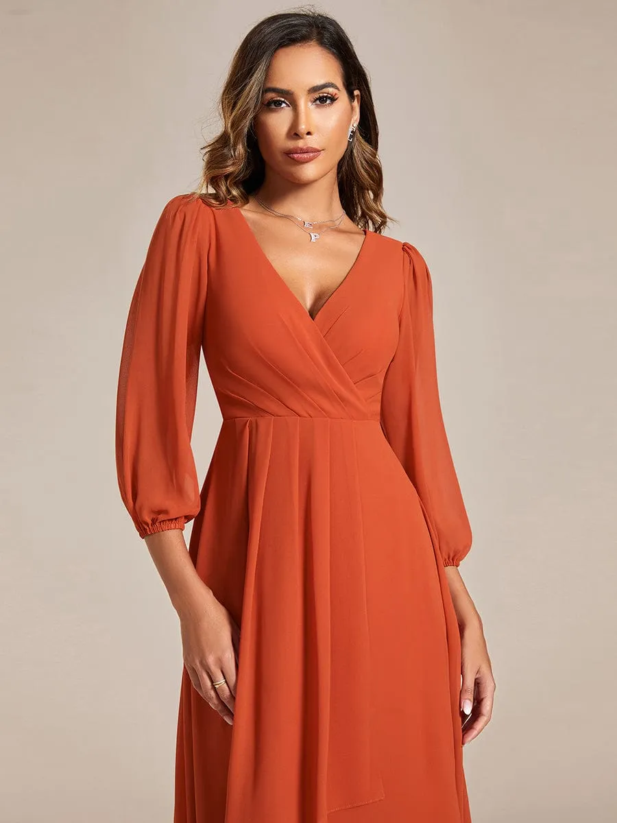 Elegant Long Sleeve V-Neck High Low Chiffon Wedding Guest Dress