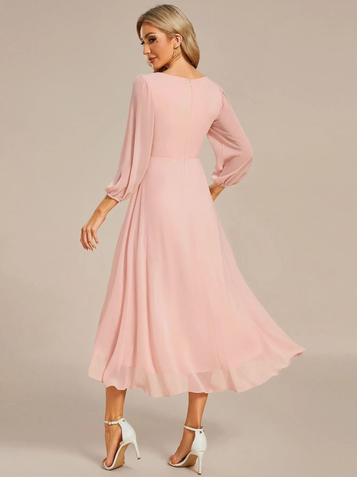 Elegant Long Sleeve V-Neck High Low Chiffon Wedding Guest Dress