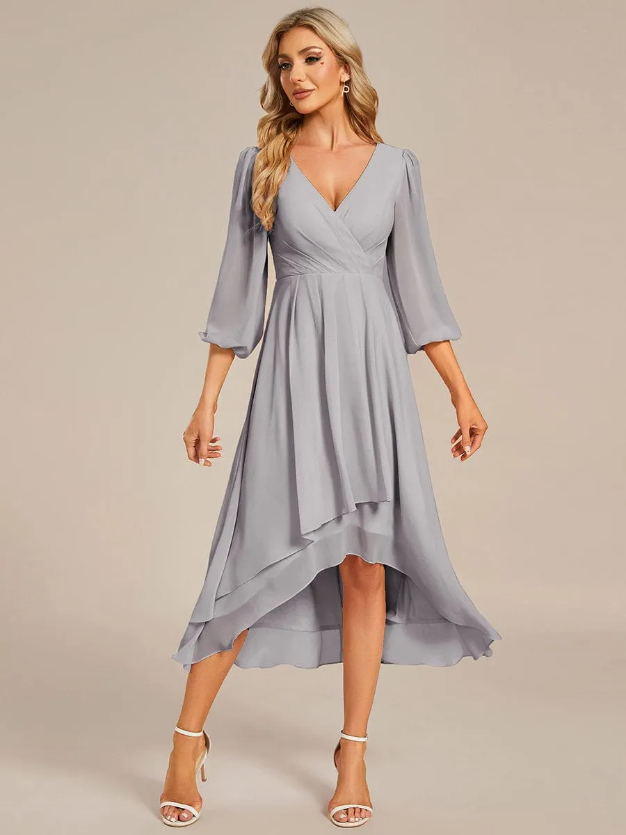 Elegant Long Sleeve V-Neck High Low Chiffon Wedding Guest Dress