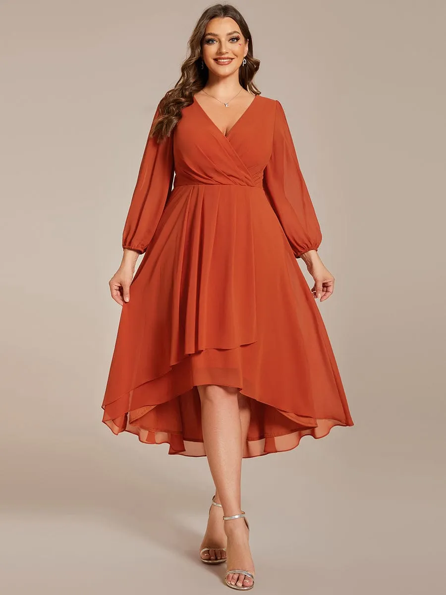 Elegant Long Sleeve V-Neck High Low Chiffon Wedding Guest Dress