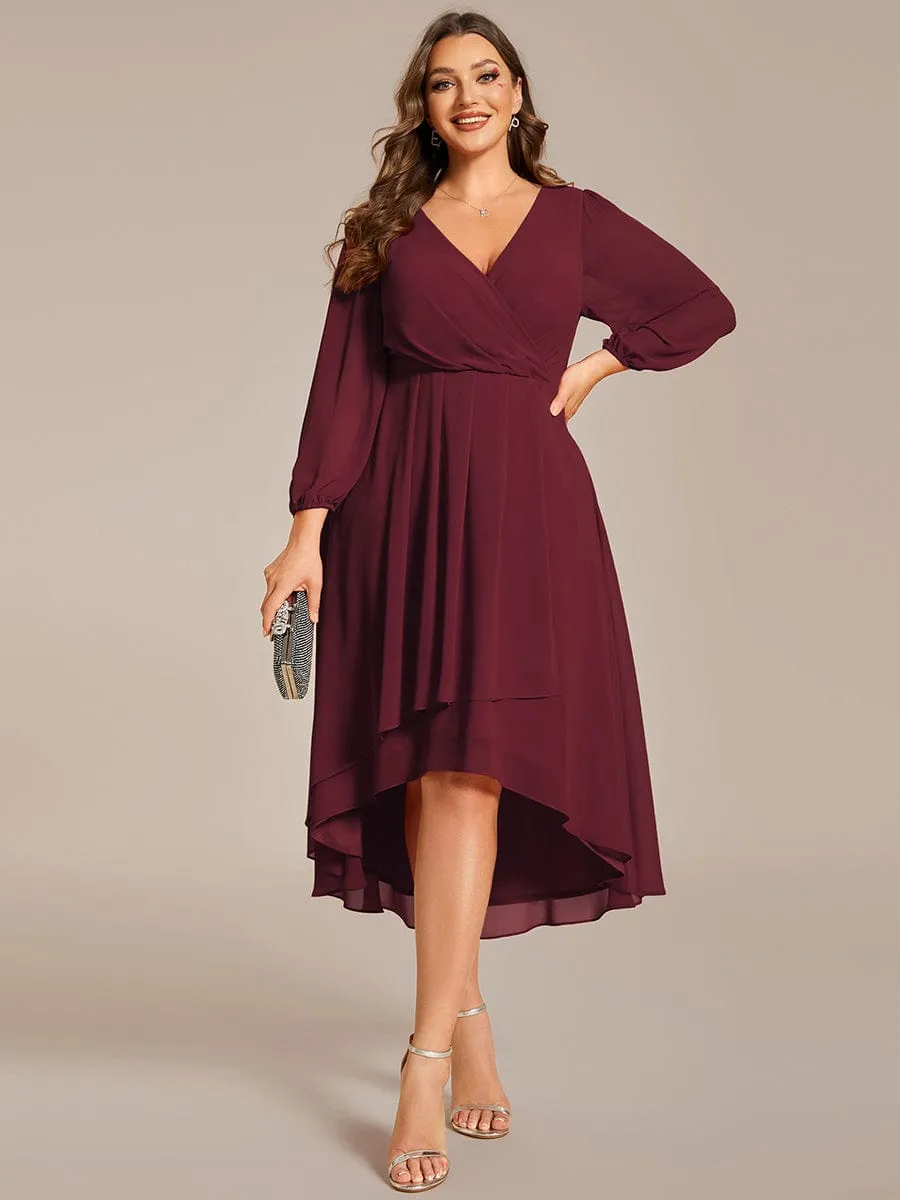 Elegant Long Sleeve V-Neck High Low Chiffon Wedding Guest Dress