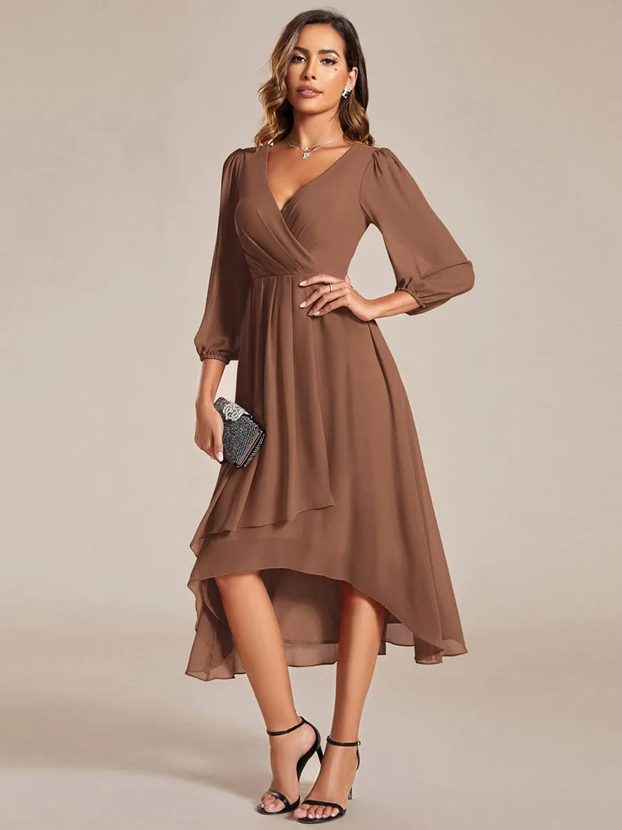 Elegant Long Sleeve V-Neck High Low Chiffon Wedding Guest Dress
