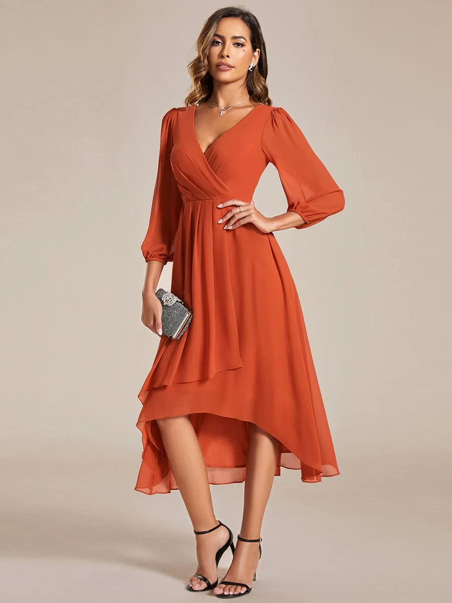 Elegant Long Sleeve V-Neck High Low Chiffon Wedding Guest Dress